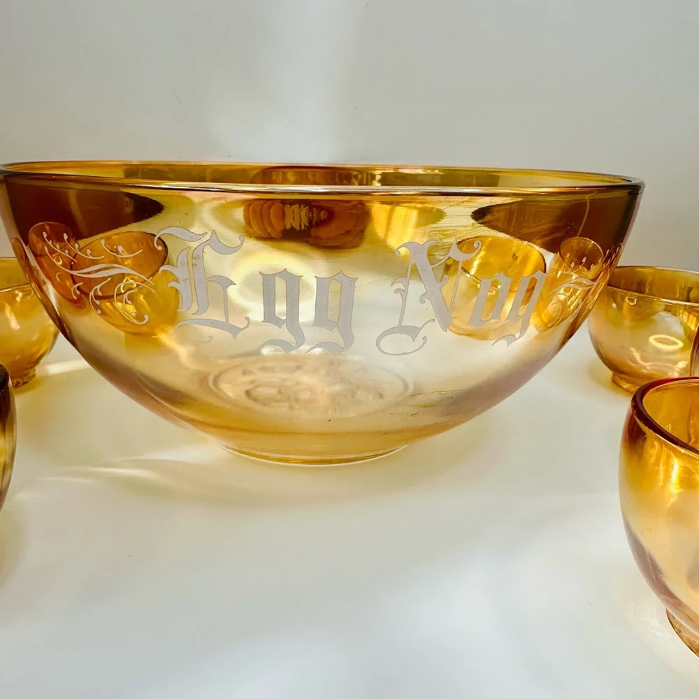 1950s Jeanette Glass Marigold Carnival Glass Egg Nog Punch Bowl and Cup Set